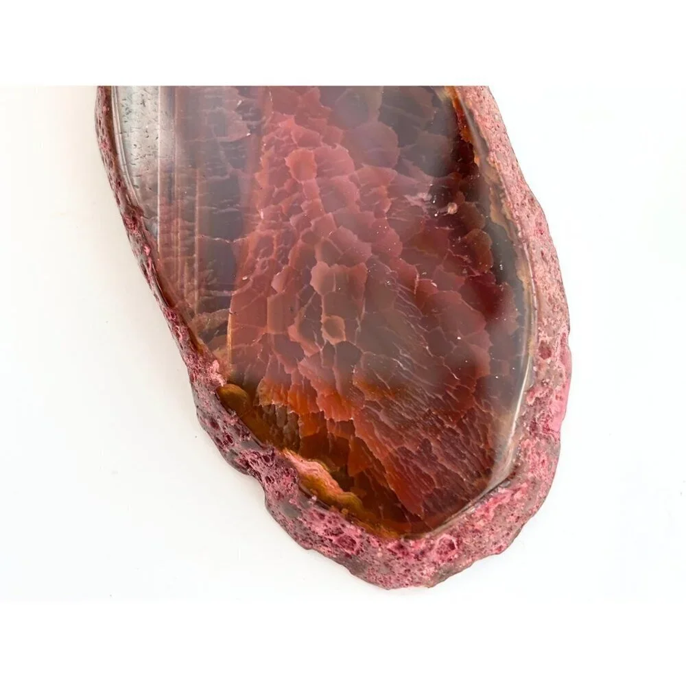 Red Sliced Agate Smooth Crystal Freeform Large Silver Toned Vintage Pendant